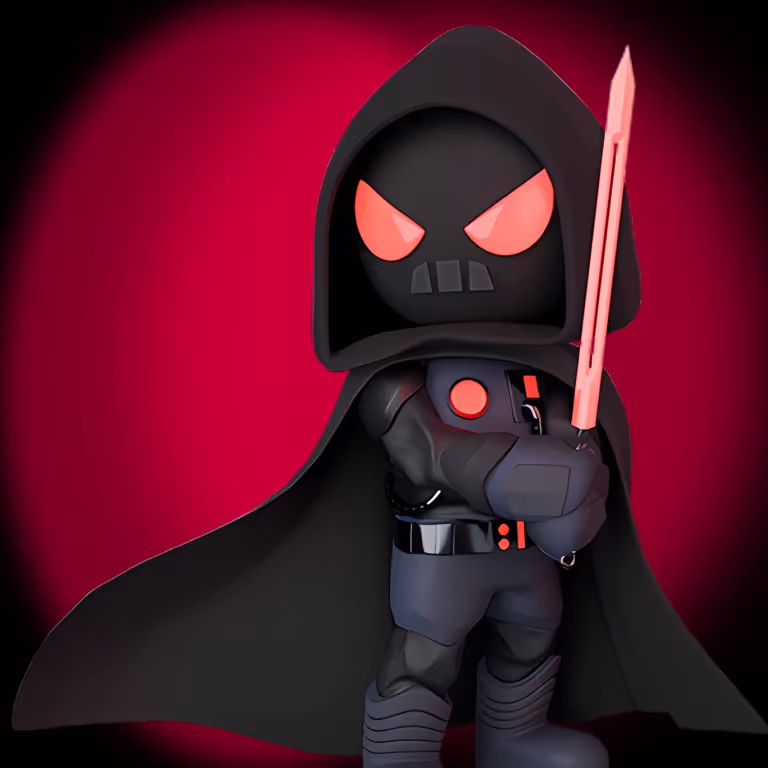 Χαρακτήρας του SlotsVader Casino με κόκκινο φωτόσπαθο και μαύρη κάπα, που αντιπροσωπεύει την ένταση και τον ανταγωνισμό.